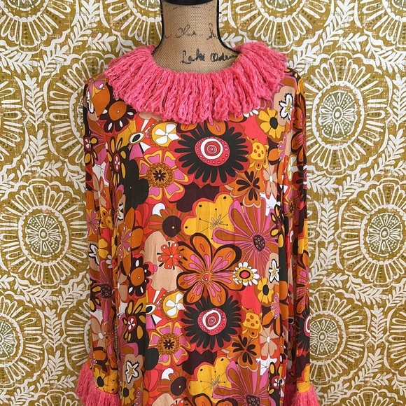 NWT CeliaB Gongga Orange Floral Fringe Trim Long Sleeve Maxi Dress Sz M RARE - Picture 8 of 16